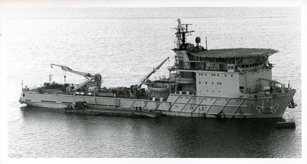 RFA DILIGENCE  1984-
Forward Repair Ship. RFA Diligence. A132. (Ex Stena Inspector). GRT 6544. Built 1981. Converted 1984.
Diligence is capable of providing a floating berth for submarines in foreign ports and can provide an over-side supply of electrical power, water, fuel, steam, air, stores and equipment in any forward position. Diligence also has workshop facilities and a large store of spares to provide a forward base for the repair and maintenance of Royal Naval vessels. Another of Diligenceâ€™s roles is as a Mine Clearance Measures Command Platform for mine clearance operations. 
