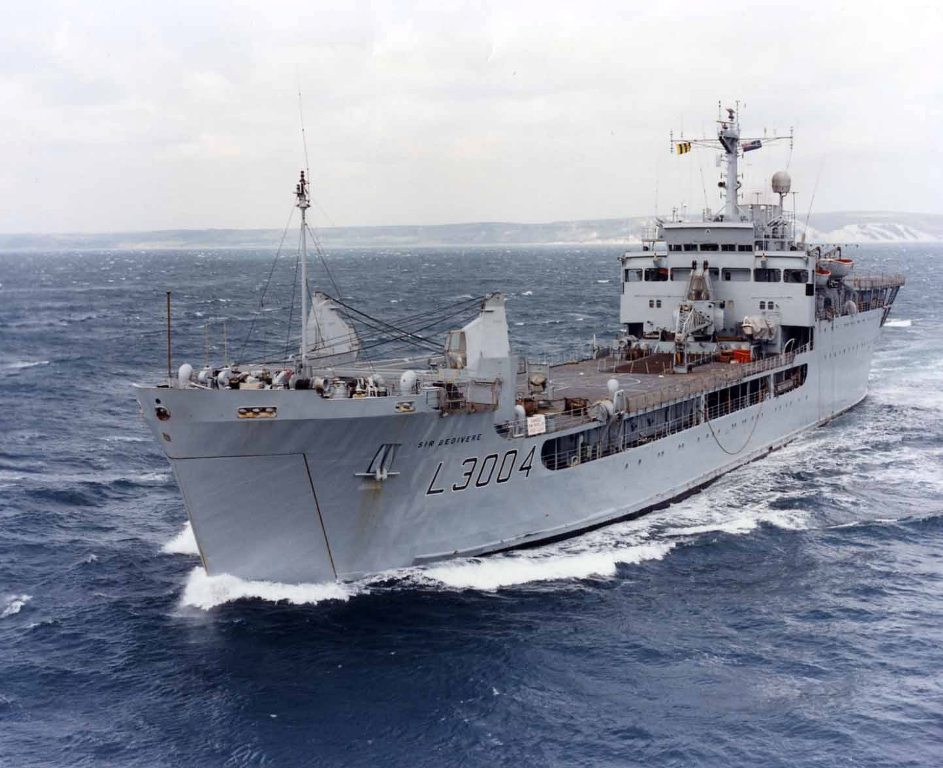 RFA SIR BEDIVERE  1970-2008
Originally built for army service, and was taken over by the Royal Fleet Auxiliary in 1970. She first saw combat in the Falklands War of 1982, when along with all the Royal Navy's other amphibious shipping, it was sent to recapture the Falkland Islands from an Argentine occupation force. The ship suffered slight damage on 24 May whilst lying in San Carlos Water, when an Argentine Skyhawk dropped a bomb that glanced off the ship.The ship deployed to the Persian Gulf in 1991 in support of Operation Granby.
In 1994, the ship was modernised in a service life extension programme to give it 15 more years of service life. The ship was lengthened by 12 metres, had its superstructure altered to a more modern design, the engines and bow thruster were replaced.
After returning to service in 1998, the ship was sent to Sierra Leone in 2000. Its most recent deployment was in support of Operation Telic in 2003, where the ship operated as the command vessel for the British and American mine countermeasures ships. Sir Bedivere left the UK in September 2002 for the Mediterranean, and operation Argonaut 2002. It was then diverted to the Persian Gulf accompanied by four British minesweepers. In 2006 Sir Bedivere returned from Sierra Leone and its part in operation Vela. Although originally intended to serve until 2011, Sir Bedivere was decommissioned on 18 February 2008. By December 2008 Sir Bedivere had been sold to Brazil, joining her sister ship ex-Sir Galahad. RFA Sir Bedivere was handed over to the Brazilian Navy on 21 May 2009 at Falmouth. 
