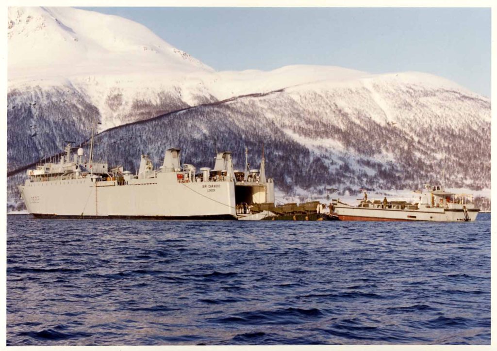 RFA SIR CARADOC  1983-1988
Launched as Grey Master at the Trosvik shipyard, Brevik, Norway. She entered RFA service on 17 March 1983, and taken out of service in June 1988. Renamed Stamveien, Hua Lu (1994), Morning Star II (2002) and Royal Nusantara (2006). 
Stop gap charters. RFA Sir Caradoc L3552 (1983-1988). RFA Sir Lamorak L3532 (1983-1986).
Length overall: Sir Caradoc 124.01m; Sir Lamorak 109.51m
Beam: Sir Caradoc 15.03m; Sir Lamorak 20.43m.
Draught: Sir Caradoc 4.979m; Sir Lamorak 4.934m.
Depth: Sir Caradoc 11.61m; Sir Lamorak 12.5m
Machinery: Sir Caradoc 4 x 9-cylinder Normo diesels, 5040bhp, two shafts, two bow thrusters; Sir Lamorak
2 x 8-cylinder Pielstick diesels, SOOObhp, two shafts, bow thruster
Speed: Sir Caradoc 16 knots; Sir Lamorak 17 knots
Complement: 24
