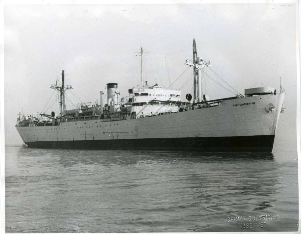 RFA FORT CONSTANTINE 1949 -1969
GRT 7221. Built as VSIS 1944 by Vancouver Drydock. Managed by Ellerman. Converted to store carrier 1949 and on the Far East run until 1956. NS/VSIS for Grapple until 1959, then took over the Malta run from Dunvegan. Laid up Devonport 1962. Scrapped Hamburg 1969. 
