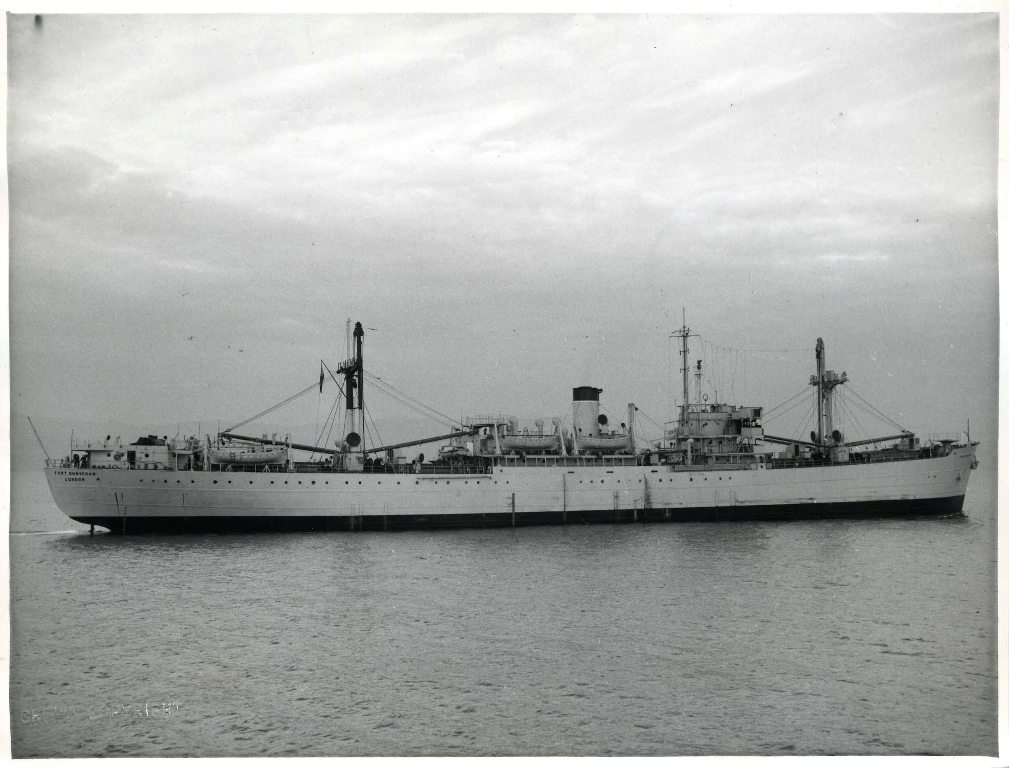RFA FORT DUNVEGAN 1951 - 1968
GRT 7224. Buit as VSIS by Burrard Drydock in 1944. Managed Ellerman. Laid up until 1951 then RFA as store carrier and "flagship". Coronation Review in 1953 then Malta run until 1960 when she went Far East as AirSIS, reverting to NS/VSIS in 1961. Scrapped Kaohsiung 1968. 
