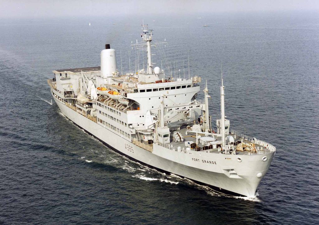 RFA FORT GRANGE  1978-2000
Fort Class Fleet Replenishment Ships. (AEFSH) Built Scotts, 1978/9. 16009 GRT. Still in service.
RFA Fort Grange A385 (Renamed RFA Fort Rosalie(2)). RFA Fort Austin A386.
Length overall: 604ft. Beam: 79ft. Draught: 29ft 6in. Depth: 49ft.
Machinery: 1 X 8-cylinder Scotts'/Sulzer 8RND90 diesel engine, 22,300bhp, single shaft, bow thruster. Speed: 21 knots
Armament: 2 X 20mm GAM-BO1,4 X 7.62mm GPMGs
Aircraft: 4 X Sea Kings (flight deck + RLP)
Complement: 140 RFA, 44 STON, 20 RN naval air unit; (plus Flight) 

