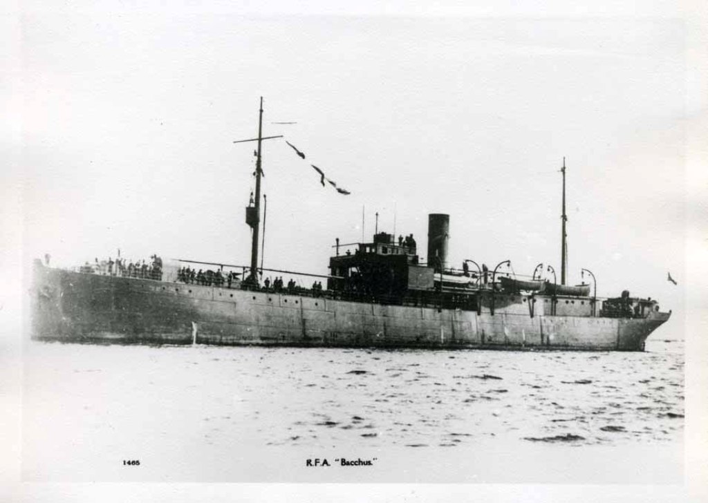 RFA BACCHUS (1) 1915-1937
Store carrier and distilling ship. GRT approx 2000. Built Hamilton, Port Glasgow in 1915. 295 x 49 x 12.5 feet. Steam recip, twin screw.
Served Port Said and Suda Bay 1916 - 1918. 1919 North Russian Expedition and Dardanelles in 1921. Stocked the new base at Trincomalee 1922 - 23. Then Chatham/Gib/Malta with collision 1928. Relieved by Bacchus II in 1937, bombing target and scrapped. 
