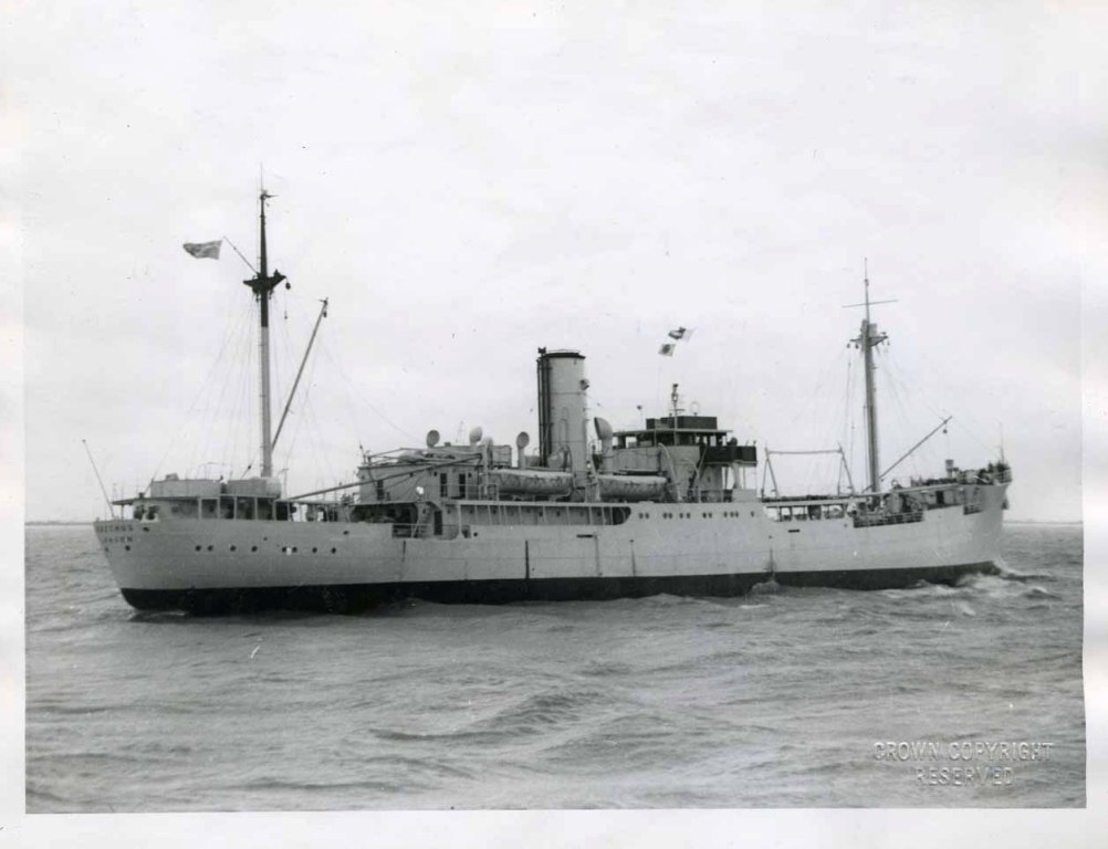 RFA BACCHUS (2)  1936-1962
1954.  Store Carrier,Store Issuing and Distilling ship.
GRT 3154. Built 1936 by Caledon, Dundee.327 x 49 x 23 feet. Single screw triple expansion. Relieved her namesake in 1937.
Drove off a U Boat in 1939 before serving in Scotland until 1941. Converted to NSIS in 1942 and served East Indies, Persian Gulf and Pacific Fleet train. Reverted to Store carrier at HK 1946 and thence on the UK/Med/Far East run latterly manned by Seychellois ratings. Sold Singapore 1962 and scrapped 1964. 
