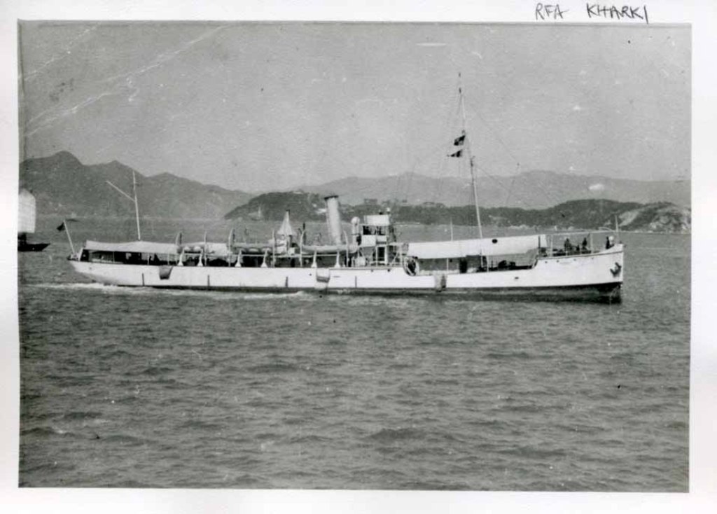 RFA KHARKI  1907-1931
GRT 675. DWT 850. 185 x 29 x 12 feet. Built Irvine as collier in 1899. Bought by Admiralty 1900 and converted to tanker 1906. Initially stationed at Portland, then from 1920 at Hong Kong where she was badly damaged by a typhoon in 1924.
Sold HK 1931.  Modern copy from damaged original.
