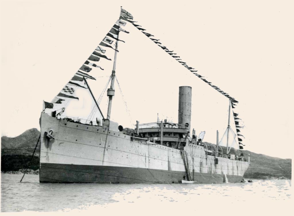 RFA RUTHENIA  1914-1949
GRT 7239. Built as Lake Champlain, a passenger/cargo ship by Barclay Curle. Twin screw triple expansion. Bought by Admiralty in 1914 and converted to dummy battleship KGV. Converetd to tanker with cylindrical tanks in the holds in 1915 and served at Scapa Flow until 1918. China Station until 1927. Laid up as Oil Fuel Jetty at Woodlands, Singapore. Scuttled but refloated by the Japanese who repaired her as a troopship. Recovered in 1945 and towed to UK for scrapping by BISCO in 1947.  Modern copy from original.
