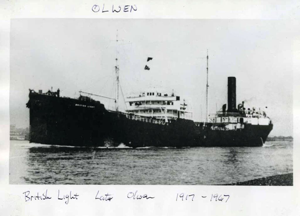 RFA OLWEN (1)  1919-1946
Photo as British Light. Built Palmers 1917.DWT 92220. Acquired by Admiralty 1922. Managed by BTC until 1936. Eastern Fleet 1942 - 1946. Sold Pakistan. Scrapped 1959.
