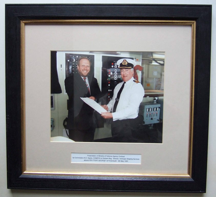 Presentation of Contract
By Cdre ND Squire to Graham Bog, Inchcape Shipping Services, on RFA Fort George, 9 May 1995.
