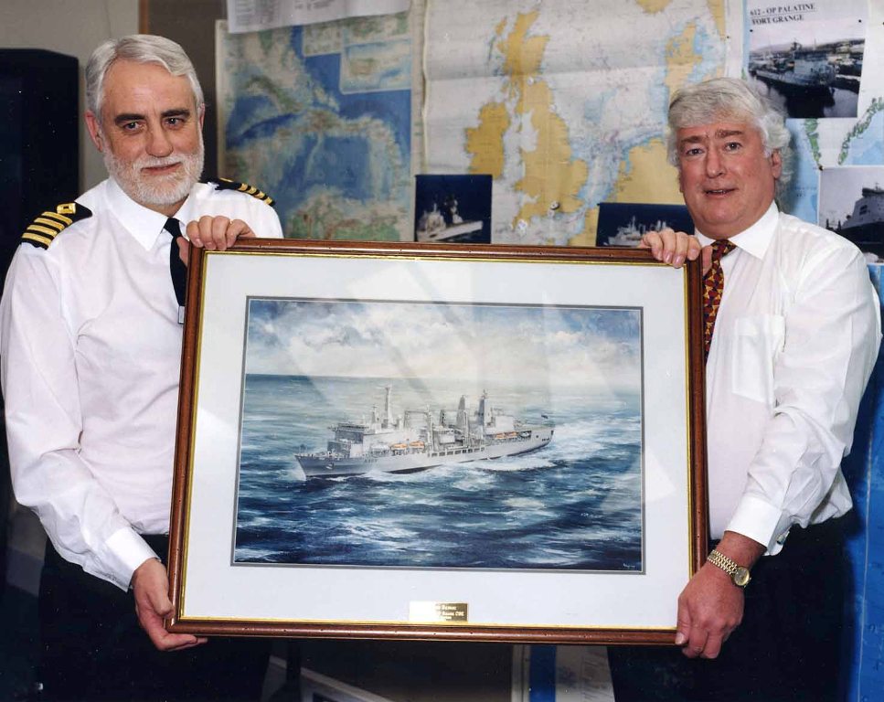 Presentation to Cdre David Squire
Of a painting of RFA FORT GEORGE by Capt Brian Waters. March 1999.
