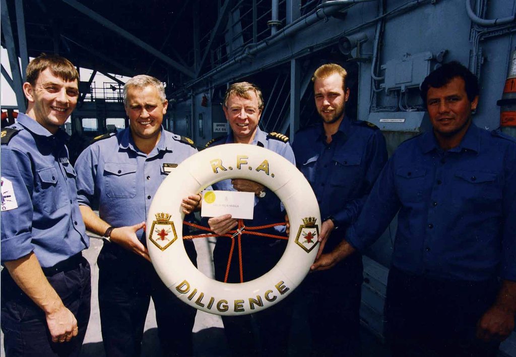 RFA DILIGENCE
L-R. LWEM Gary Taylor, CCPO Peter Cushing, Capt Roger Robinson-Brown, CPO Spike Hughes, LH(D) Neil Anderton.
