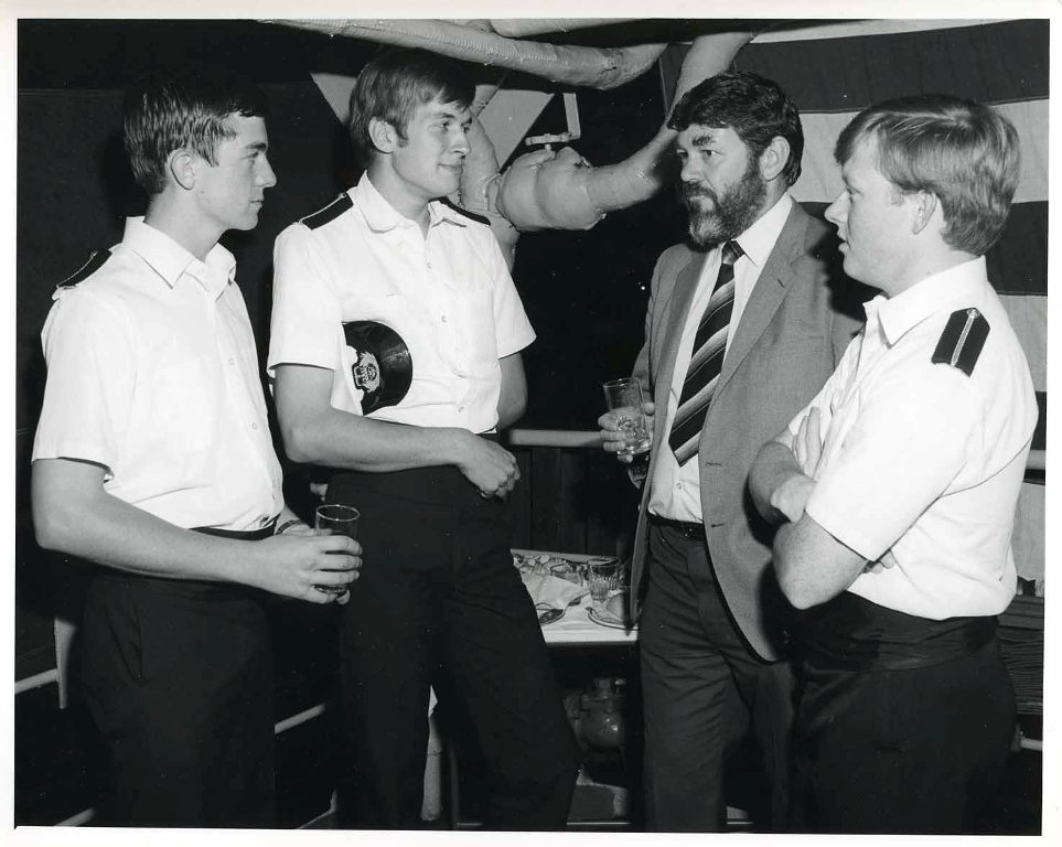 RFA OLMEDA
Cocktail party Albany, 6 Nov 1983.
Cadets Stuart Talton, Geoff Meek, Martin Sayer with Lt Bill Lyle RAN.
