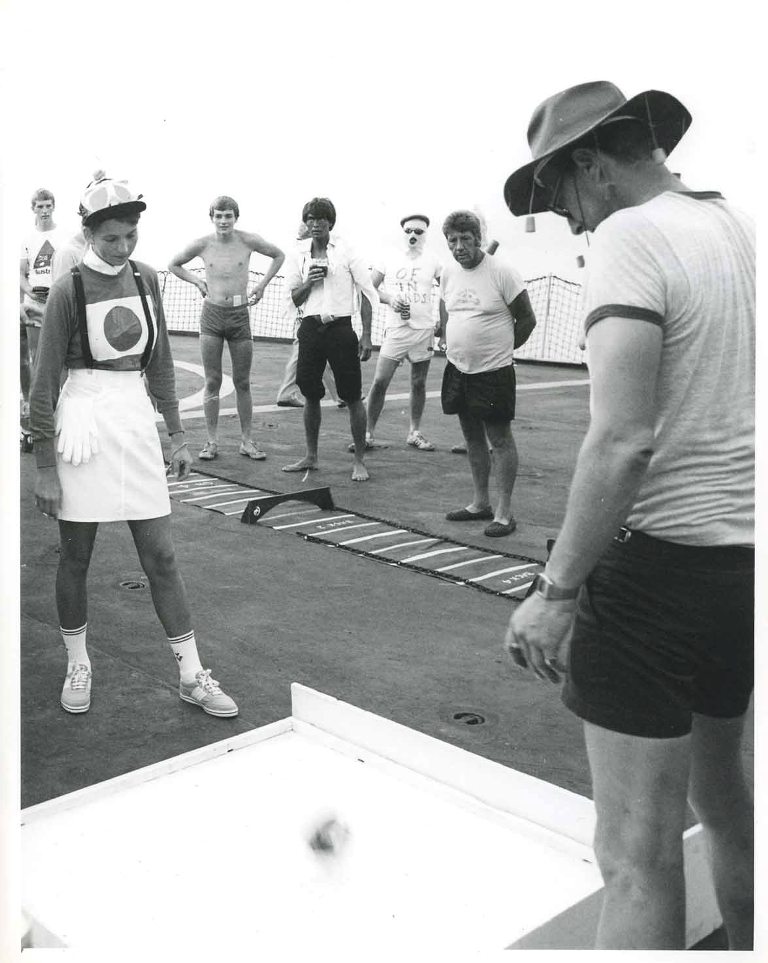 RFA OLMEDA
Crossing the Line 1984.
Jill Coles throws the dice. Incredible Hulk Alan walker looks on.

