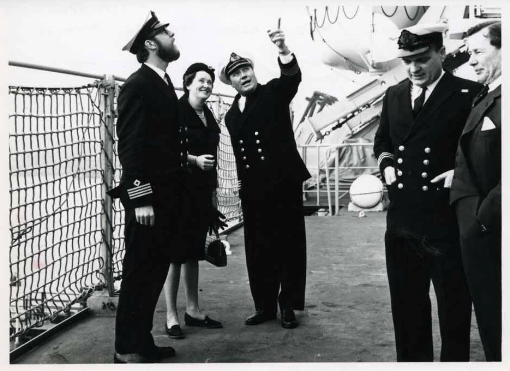 RFA BLUE ROVER  1970
Visit by Lady Sponsor, Mrs Haynes who presented two paintings.
CEO Brian Stalley left. Capt MG Brace. Ch.Off David Lench 2nd right.
