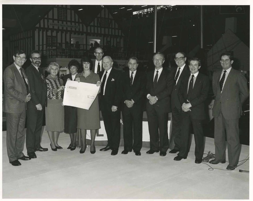 BOAT SHOW
Earls Court January 1986. Presentation to the RNLI Sir Galahad memorial lifeboat appeal.
Capt Philip Roberts, RADM Sir Peter Campstan, Capt Gordon Butterworth, Mr Tony Kemp,, Cdre Barry Rutterford, Capt Tony Pitt.
