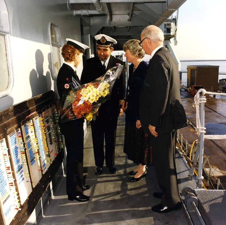 RFA ARGUS
Visit by Lady Pamela Blelloch at Portland.
Captain Peter Taylor.
