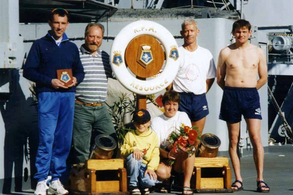 RFA RESOURCE
At Split, Croatia,  1996.
Winners of sponsored (Marathon?) Race.
Josko Aledic (Croatian National Marathon Champion), Capt Steve Hodgson, SA1 Henry Nichol, SSGT Brooks,
Tomislav Namic, PTE Buckingham.
