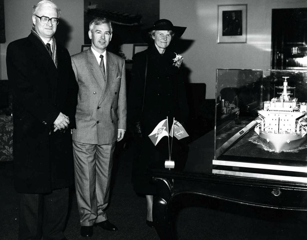 RFA ARGUS
Renaming ceremony at Harland & Wolff, Belfast, March 1987.
Lady Sponsor, Lady Pamela Blelloch, Mr Belloch, Under secretary of State for Defence, Mr John Parker.
