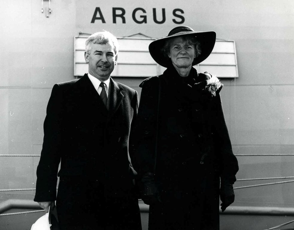 RFA ARGUS
Renaming ceremony at Harland & Wolff, Belfast, March 1987.
Lady Sponsor, Lady Pamela Blelloch. Mr John Parker.
