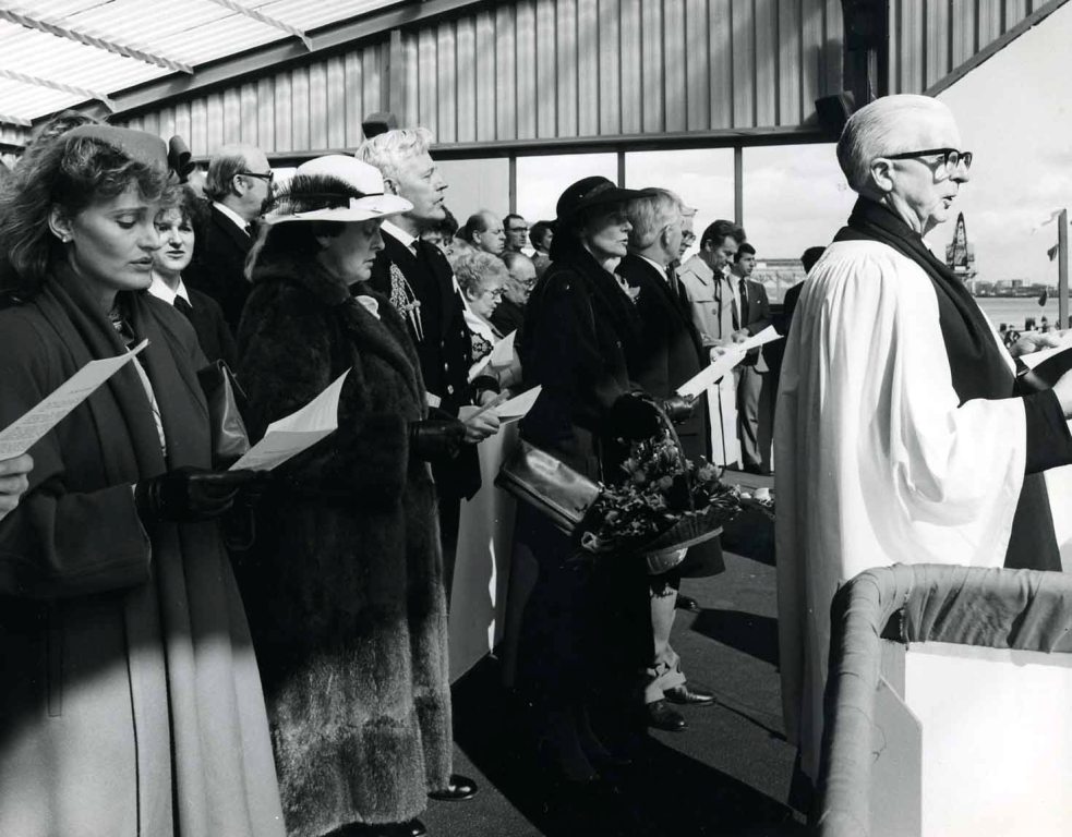 RFA ARGUS
Renaming ceremony at Harland & Wolff, Belfast, March 1987.
Lady Sponsor, Lady Pamela Blelloch.
