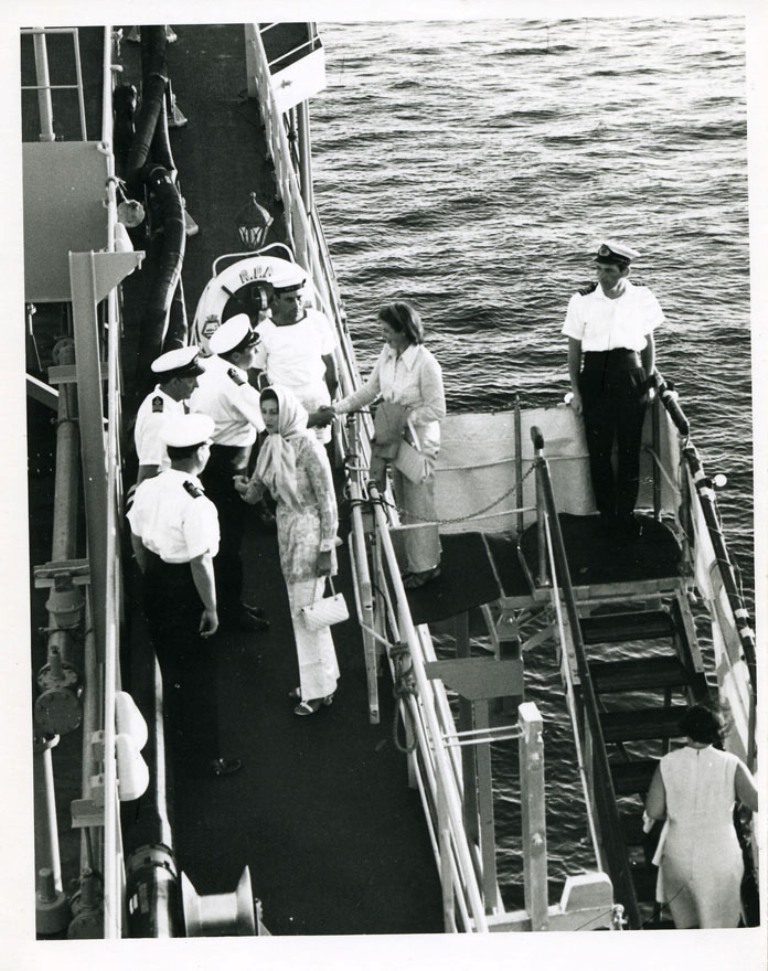 HRH PRINCESS ALEXANDRA
Boarding Blue Rover with Mrs Thatcher, wife of Naval Attache to Chile.
