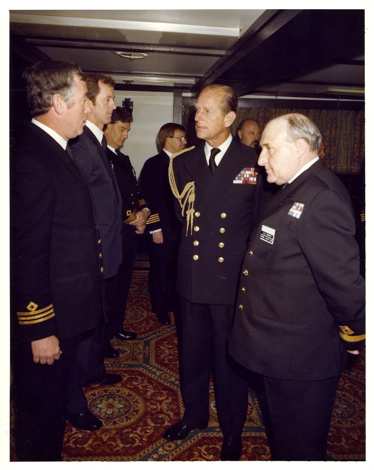 RFA FORT AUSTIN
Royal visit at Portland 1981.
Left: Stuart Pearce SRFAO, Ron Howells STO(N). Cdre GS Burnett right.
