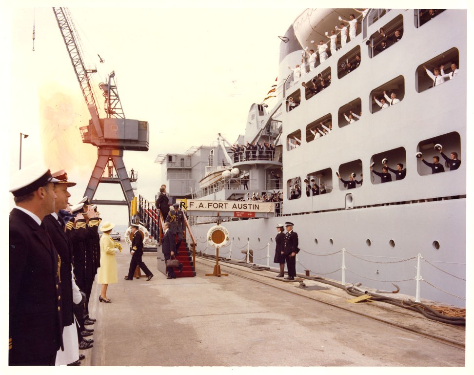 RFA FORT AUSTIN
Royal visit at Portland, June 1981.
Cheer Ship as Her Majesty departs.
