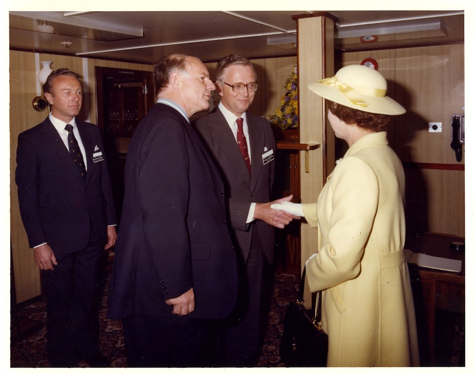RFA FORT AUSTIN
Royal visit at Portland, June 1981.
Mr Ken Pritchard DGST(N) introduces Mr John Parrott DST(FMV). with Mr Tony Kemp DDSF.
