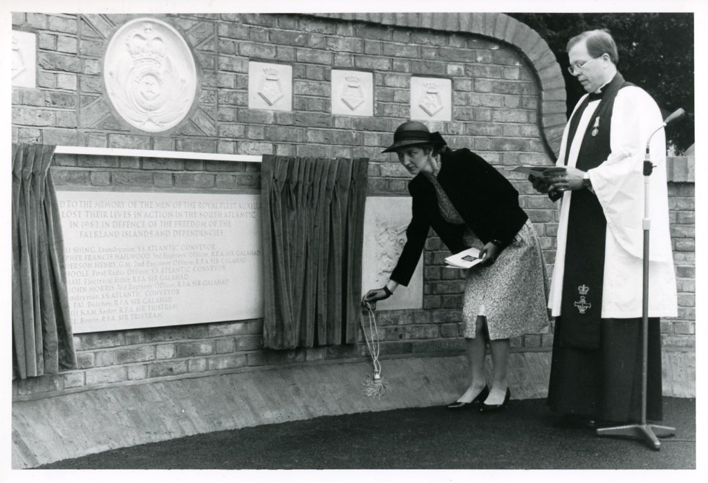 MARCHWOOD MEMORIAL GARDEN
Unveiling of RFA Falklands Memorial, 1 June 1984, by Mrs C Hailwood (widow of 3EO CF Hailwood) with Rev R Buckley.
