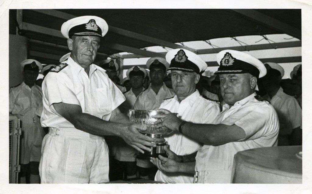 BOAT RACE TROPHY
Presentation of RFA Boat Race Trophy by Admiral Hamilton, Malta , 1950.
With inscription and notes.
