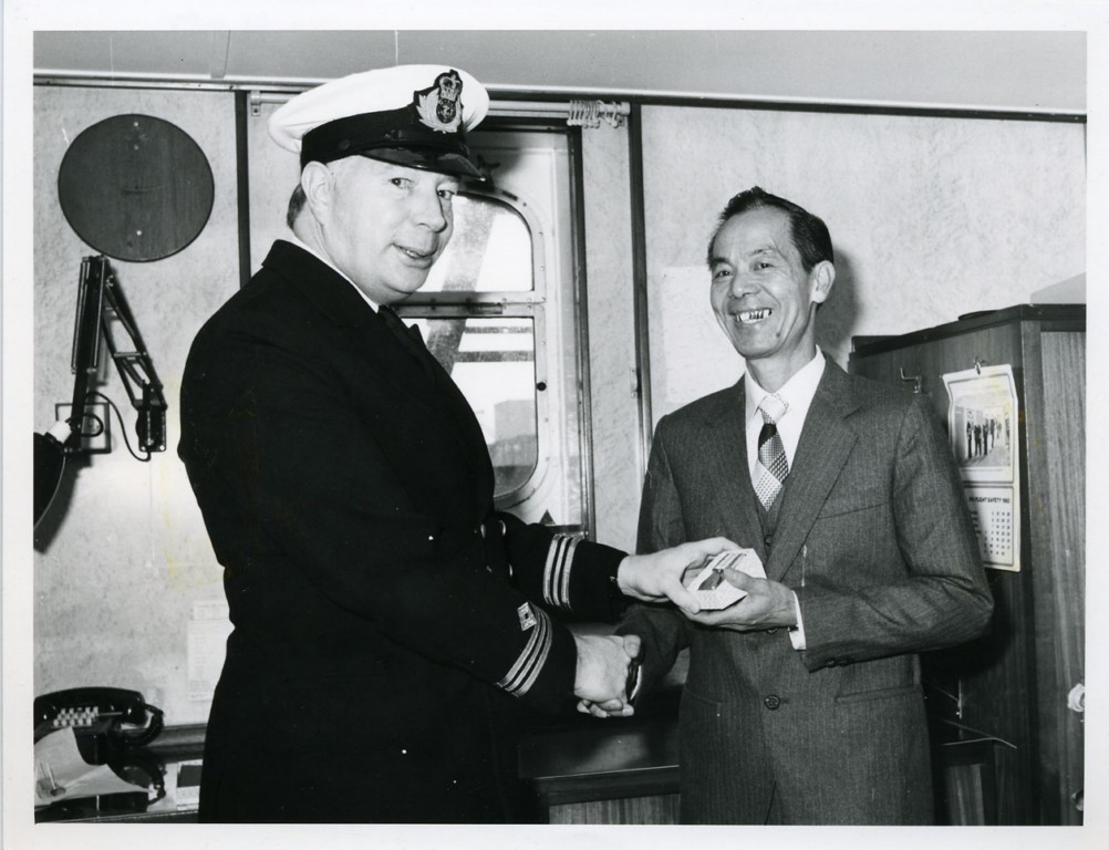 RFA SIR LANCELOT
Chief Officer Graham Ferguson presenting Bosun Chan PO Shui with the South Atlantic Medal for his services on Plumleaf 1982.
Refit Devonport.

