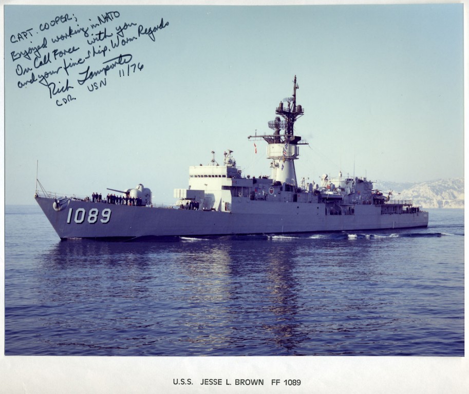 USS JESSE L BROWN
Cooper Collection
Presented  by Cdr Rich Lamport USN to Capt Rex Cooper of RFA Tidereach during activation of Nato On Call Force, November 1976.
