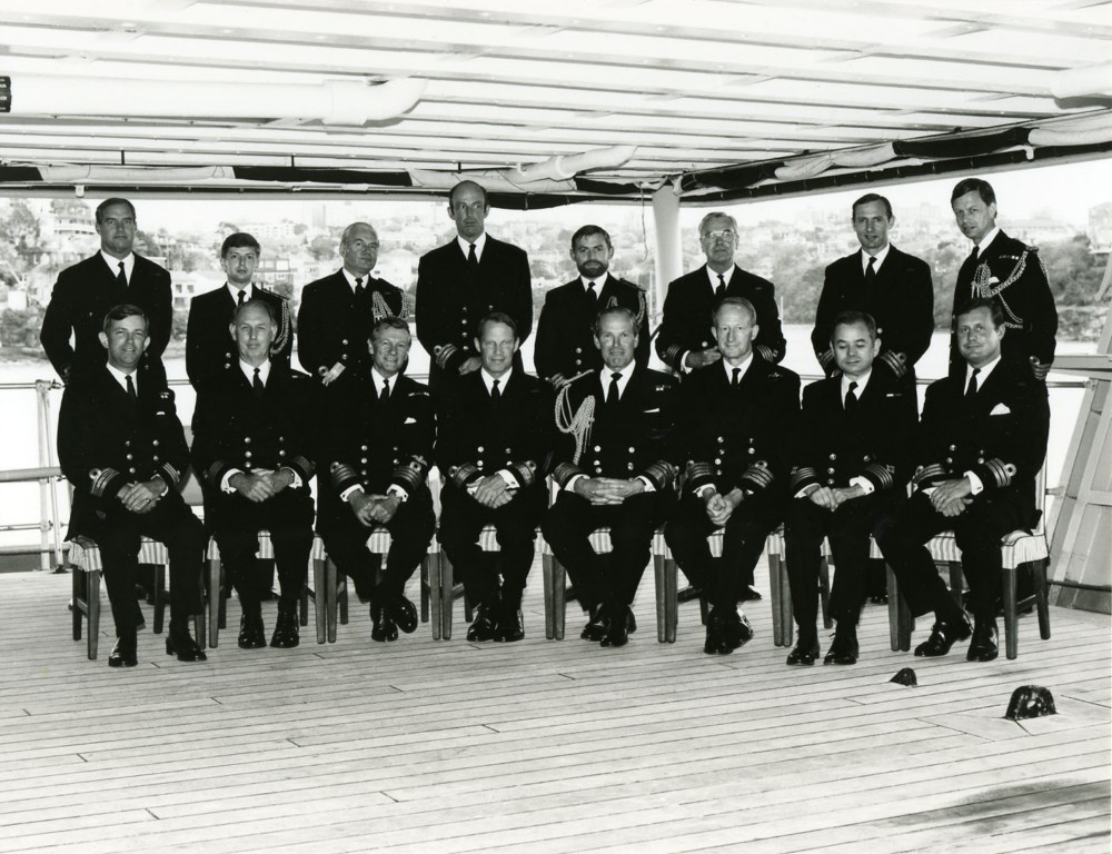 GLOBAL 86 COs
Cooper Collection
Front: Commander John Lippiet, Capt John McLoughlin, ?, RADM Robin Hogg, !st Sea Lord, Capt Norman Dingemans, Capt Rex Cooper, Cdr John Hance.
Back: Third from right, Capt John Cant.
