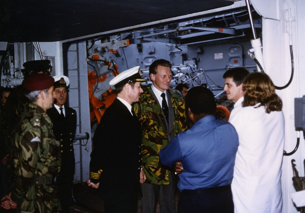 RFA FORT GRANGE
Cooper Collection
Visit of Defence Minister Michael Heseltine, Falklands, January 1984.
Capt Rex Cooper centre.

