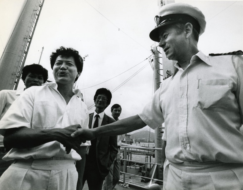 Capt LIU YIH_JEAN
Cooper Collection
And crew members of HWA LIE which sank near Hong Kong, after their rescue by RFA Bayleaf, July 1986.

