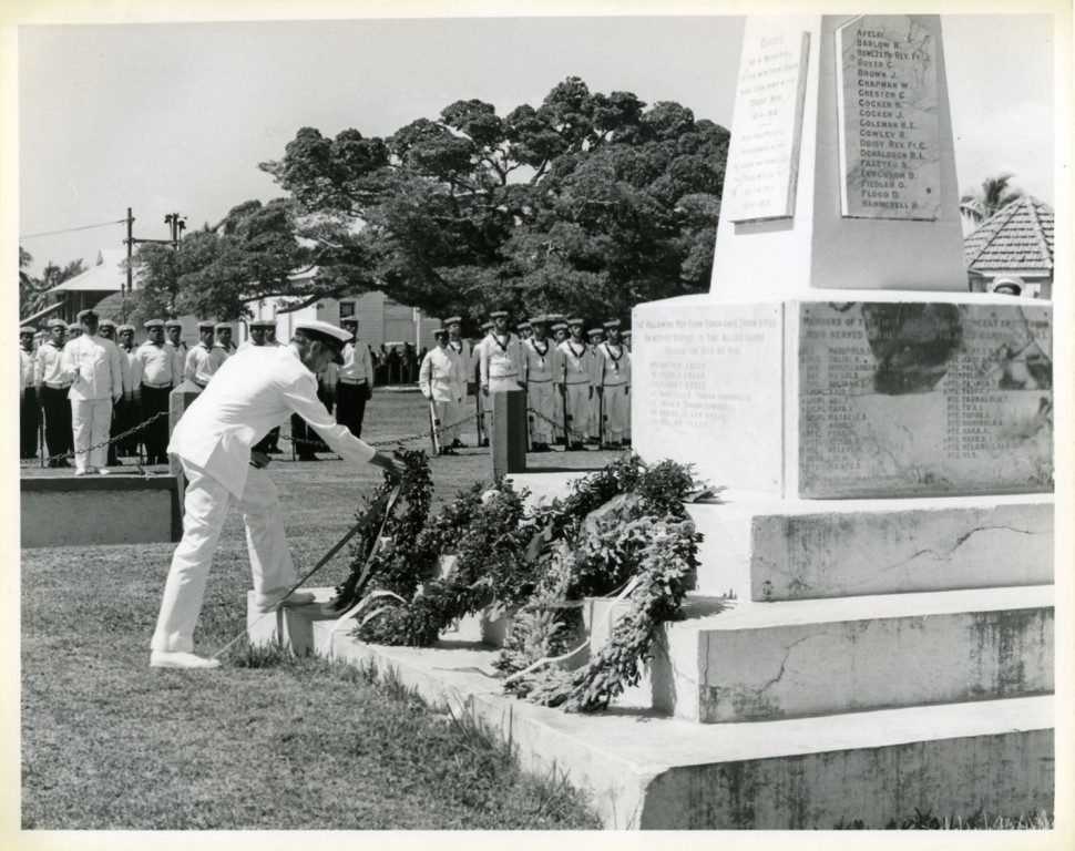 TONGA
Cooper Collection
Visit during Global 86. Capt Rex Cooper laying a wreath on the War Memorial.
