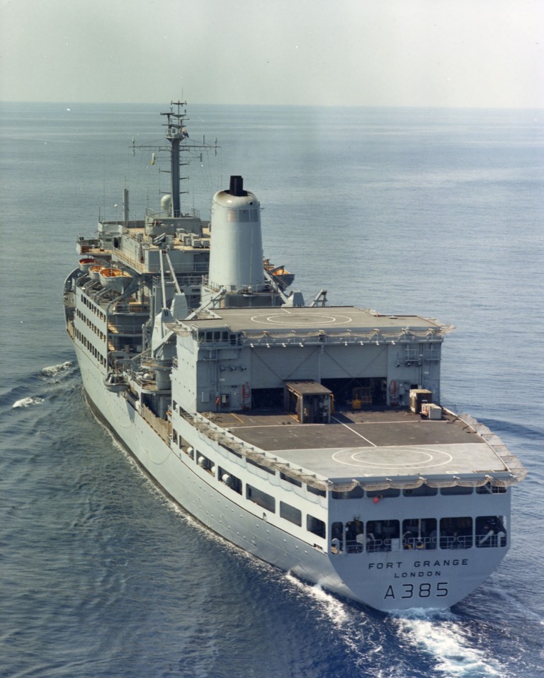 RFA FORT GRANGE  1978 - 2000
RFA Fort Grange A385 (Renamed RFA Fort Rosalie(2)). 
Length overall: 604ft. Beam: 79ft. Draught: 29ft 6in. Depth: 49ft.
Machinery: 1 X 8-cylinder Scotts'/Sulzer 8RND90 diesel engine, 22,300bhp, single shaft, bow thruster. Speed: 21 knots
Armament: 2 X 20mm GAM-BO1,4 X 7.62mm GPMGs
Aircraft: 4 X Sea Kings (flight deck + RLP)
Complement: 140 RFA, 44 STON, 20 RN naval air unit; (plus Flight) 
Photo during GLOBAL 86.
