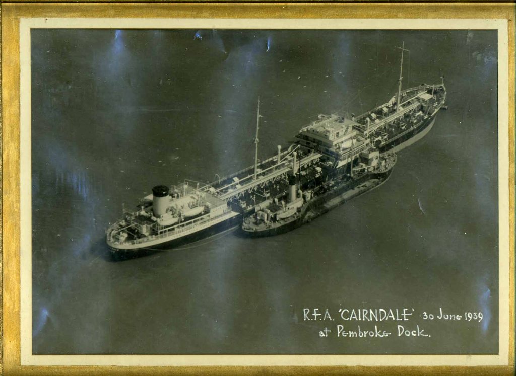 RFA CAIRNDALE
Charlesworth Collection
At Pembroke Dock 30 June 1939 with RFA Hickorol alongside. (Sigwart P184)
Framed print.
