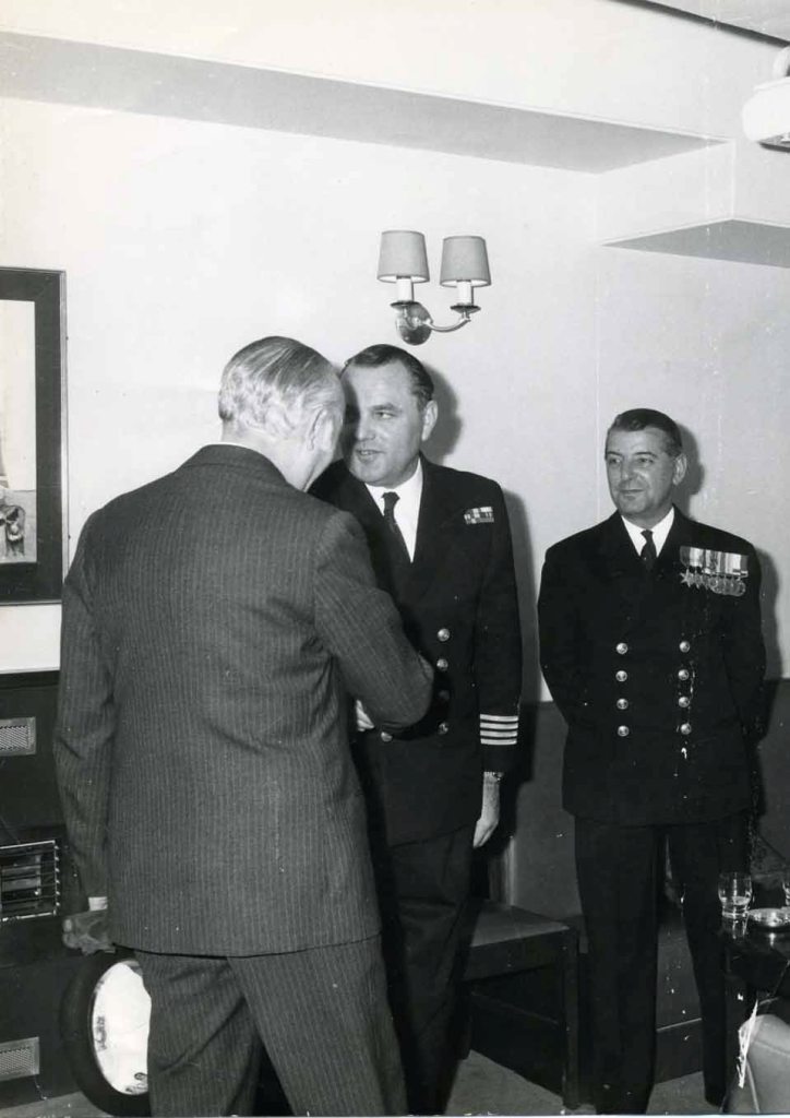 Capt GEORGE McDOUGALL & Capt JOHN GULESSARIAN
Charlesworth Collection
Meeting civic dignitaries aboard unidentified RFA.
