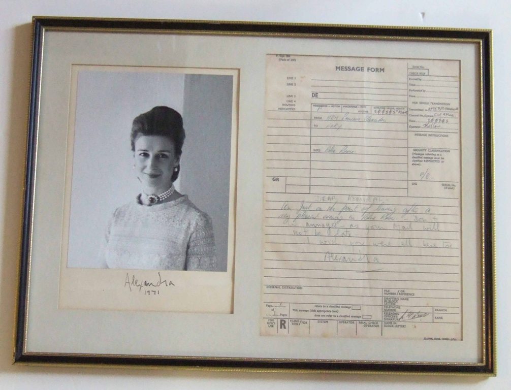 HRH Princess Alexandra
Framed signed photograph with original signal message form. RFA Blue Rover 1971.
