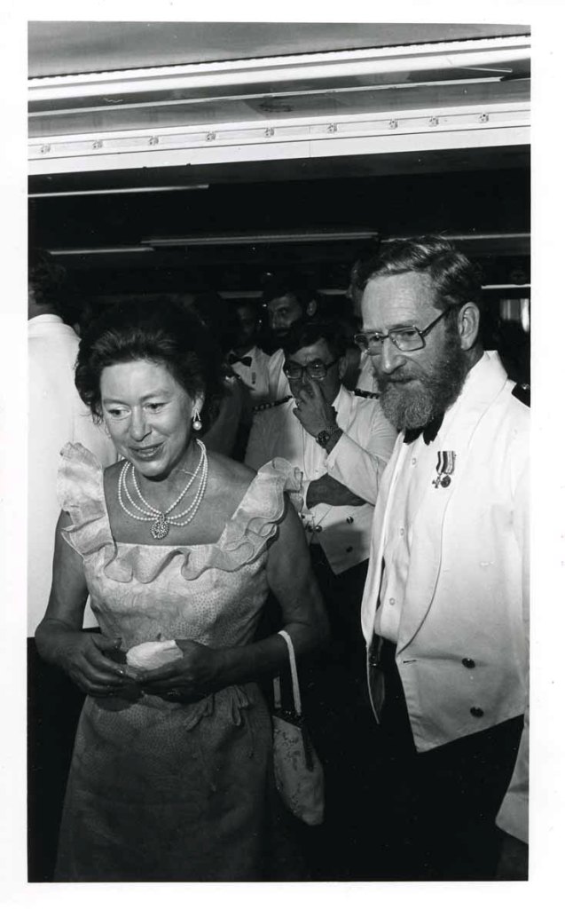HRH Princess Margaret
With Captain Robin Green. Visit to RFA Green Rover, Independence Celebrations, St Kitts-Nevis, September 1983.
