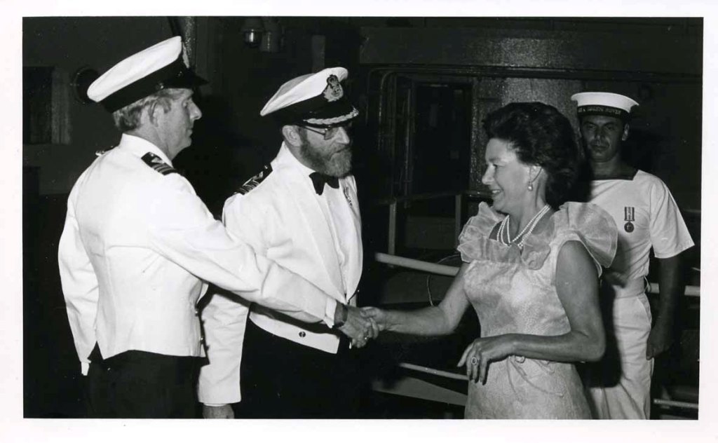 HRH Princess Margaret
Chief Officer Brian Tarr & Captain Robin Green. RFA Green Rover 1983.

