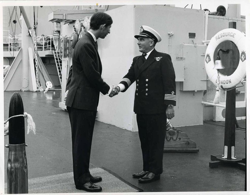HRH Prince Charles
Visit to RFA Resource, Fleet Review, Torbay 1969.
Capt David Evans.
