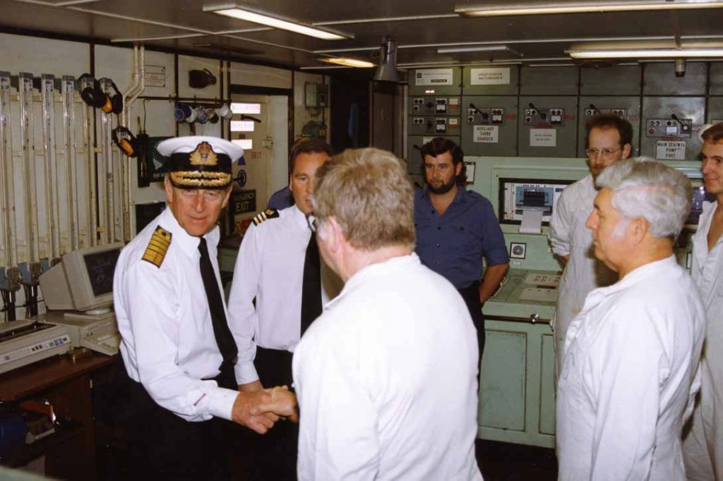 HRH Prince Philip
RFA FORT GRANGE. Trafalgar Day 1993 in the Adriatic.
C/O(E) Peter Henney. 1/O(L) Geoff Davis.
