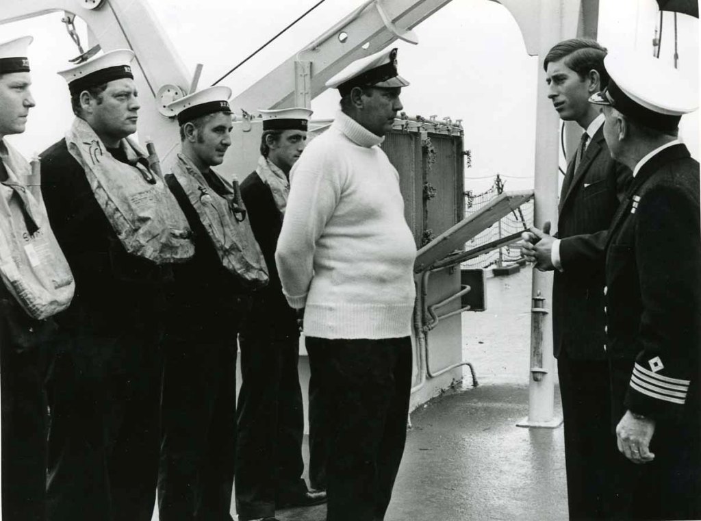 HRH Prince Charles
Visit to RFA Resource, Fleet Review, Torbay 1969.
Bosun's Mate Neil MacNeil and the crash boat crew.
