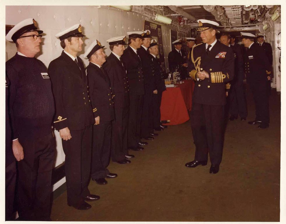 RFA FORT AUSTIN
Royal visit at Portland, June 1981.
HRH Prince Philip meets junior Officers.
