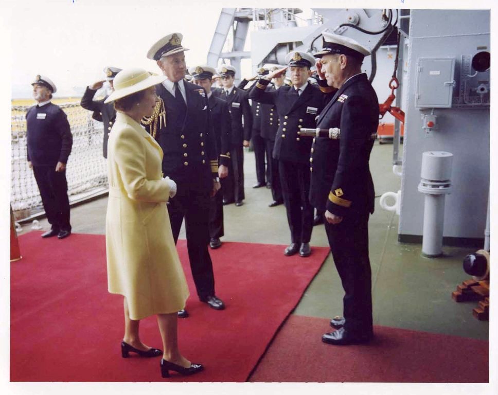 RFA FORT AUSTIN
Royal visit at Portland, June 1981.
HM meets Cdre Sam Dunlop.
Chief Officer Tony Mitchell.
