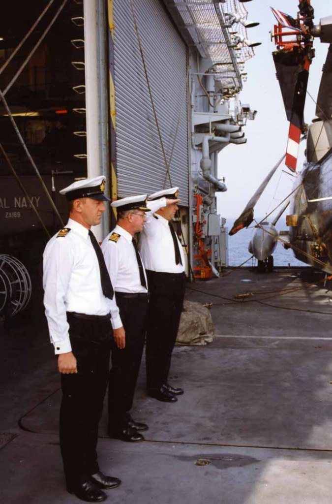 HRH Prince Philip
RFA FORT GRANGE. Trafalgar Day 1993 in the Adriatic.
Capt Peter Nelson & Officers.
