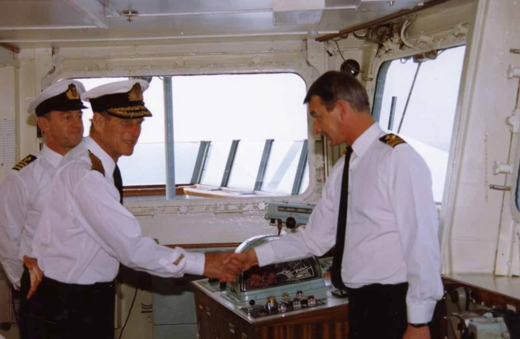 HRH Prince Philip
RFA FORT GRANGE. Trafalgar Day 1993 in the Adriatic.
Capt Peter Nelson & 1/O Bafico.
