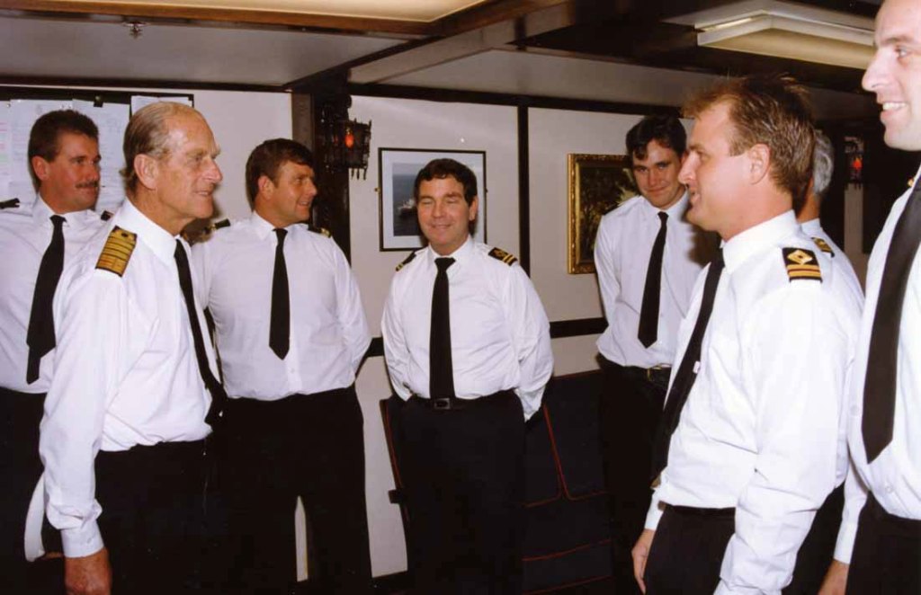 HRH Prince Philip
RFA FORT GRANGE. Trafalgar Day 1993 in the Adriatic.
1/O Greenough, 2/Os Paul Murphy, Paul Farrow, Paul Peterson.
