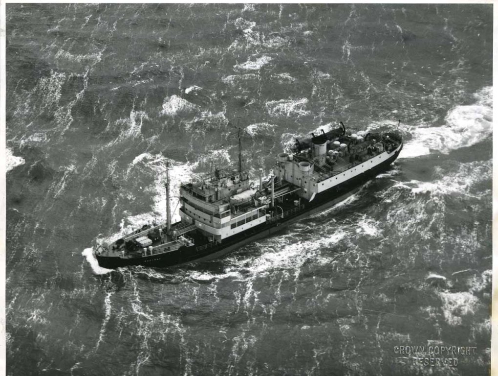 RFA EDDYBAY  1952-1963
Based Gibraltar as a white oils carrier. In the last years of her life, she was loaned to the RAF as a petrol tanker and as a semi-hulk at Gibraltar. Laid up 1962 and sold for breaking in Belgium 1964. 
Eddy Class Fleet Attendant tankers. Built 1951/4. 2200dwt. In service until 1964/1982.
RFA Eddybay A107.RFA Eddybeach A132. RFA Eddycliff A190. RFA Eddycreek A258. RFA Eddyrock A198. RFA Eddyreef A202. RFA Eddyfirth A261. RFA Eddyness A295. (Eddycove & Eddymull cancelled.) Length overall: 286ft Beam: 44ft Draught: 17ft3in
Machinery: 3-cylinder triple-expansion engine (Lobnitz), 1750ihp; two scotch boilers, single shaft. Speed: 12 knots. Complement: 38
